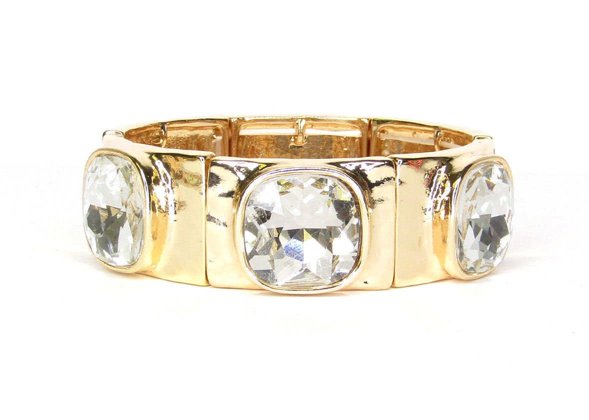 Gold with Clear Crystal with Gold Square Stretch Bracelet