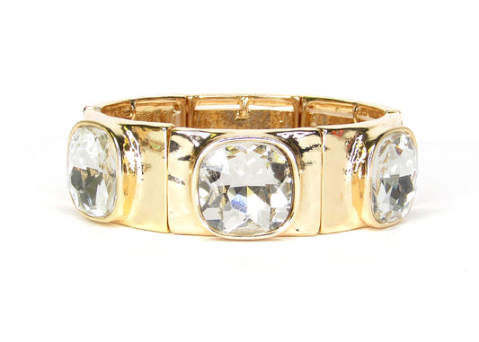 Gold with Clear Crystal with Gold Square Stretch Bracelet
