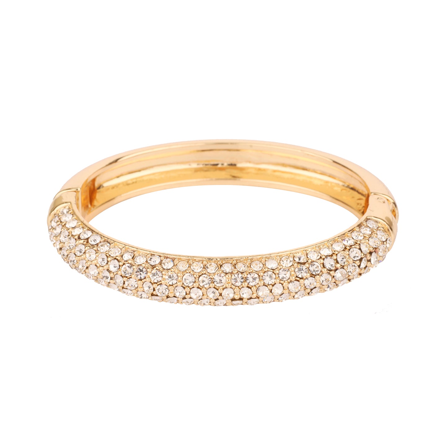 Gold Metal Hinged Bangle with Rhinestone Row Accents