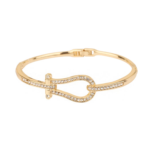 Thin Gold Metal Hinged Bangle with Rhinestone Horseshoe Bracelet