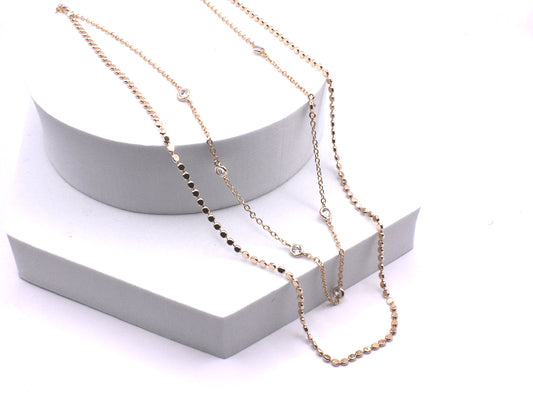 Double Layered Gold Chain with CZ Stationed Stone 16"-18" Necklace