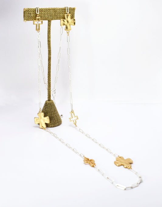 Silver Chain with Gold Hammered Cross 32" Necklace