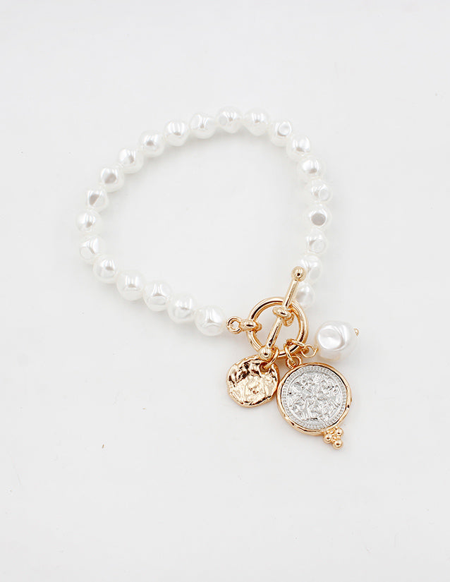 Pearl Toggle 7.5" Bracelet with Open Cross and Crystal Charms
