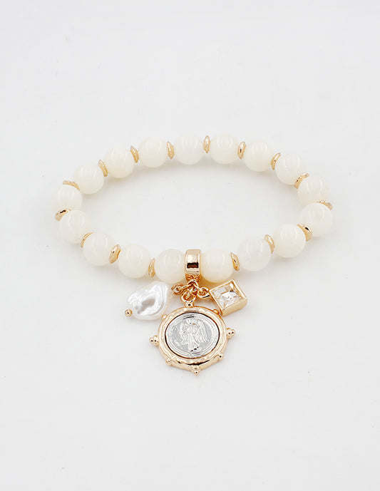 Cream bead Stretch Bracelet with Silver and Gold Coin