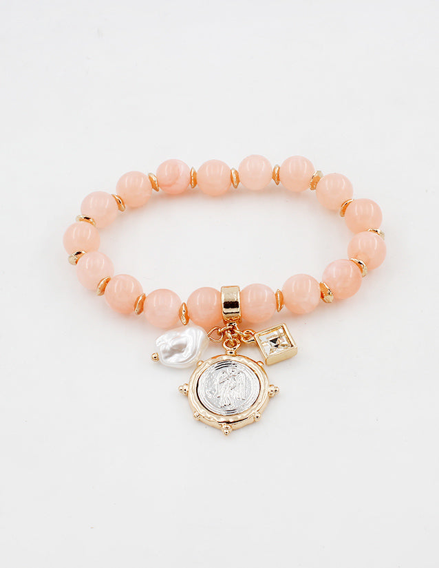 Pink Natural Stone Stretch Bracelet with Gold/Silver Coin Charm