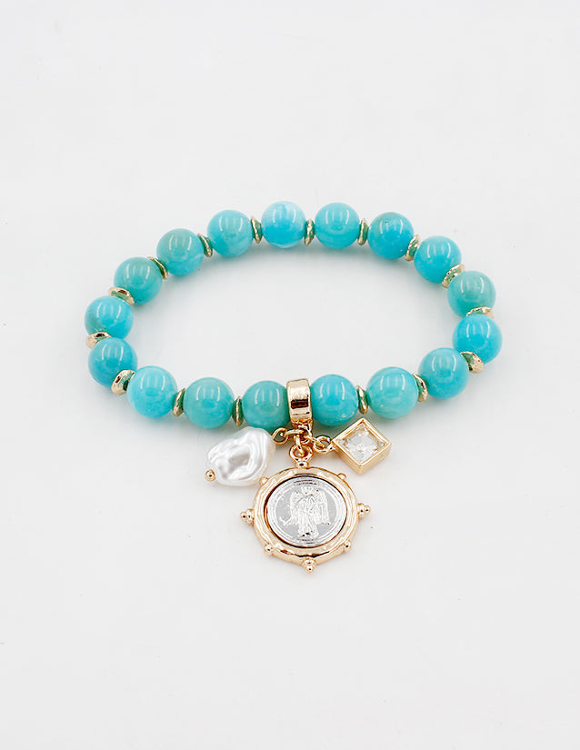Turquoise Natural Stone Stretch Bracelet with Gold/Silver Coin Charm