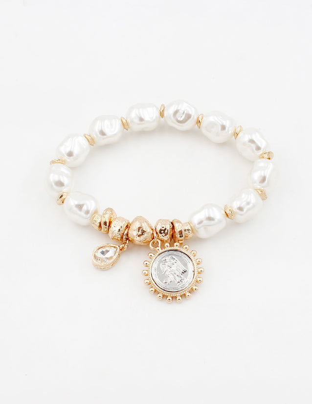 Pearl and Gold Stretch Bracelet with Coin Charms