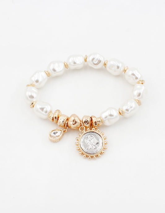 Pearl and Gold Stretch Bracelet with Coin Charms