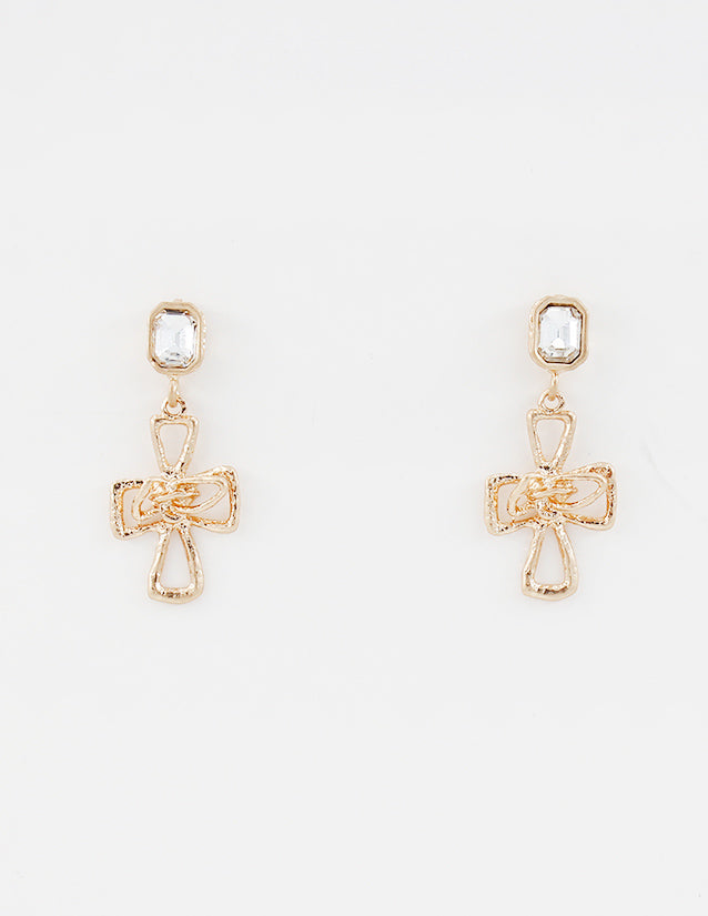 Worn Gold Hammered Cross 1.5" Drop Earring
