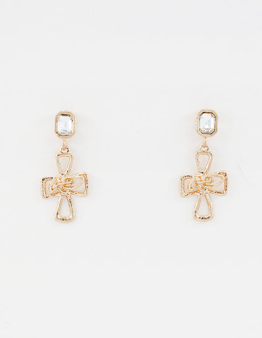 Worn Gold Hammered Cross 1.5" Drop Earring