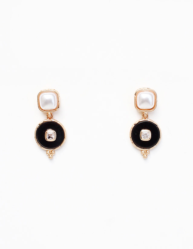 Square Pearl and Black Circle 1" Drop Earring