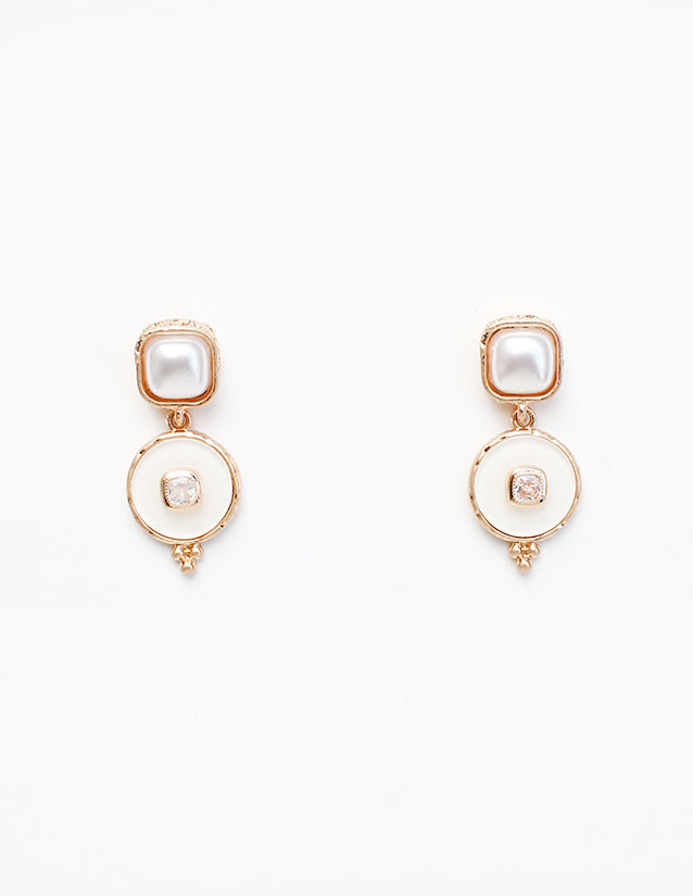 Square Pearl and White Circle 1" Drop Earring
