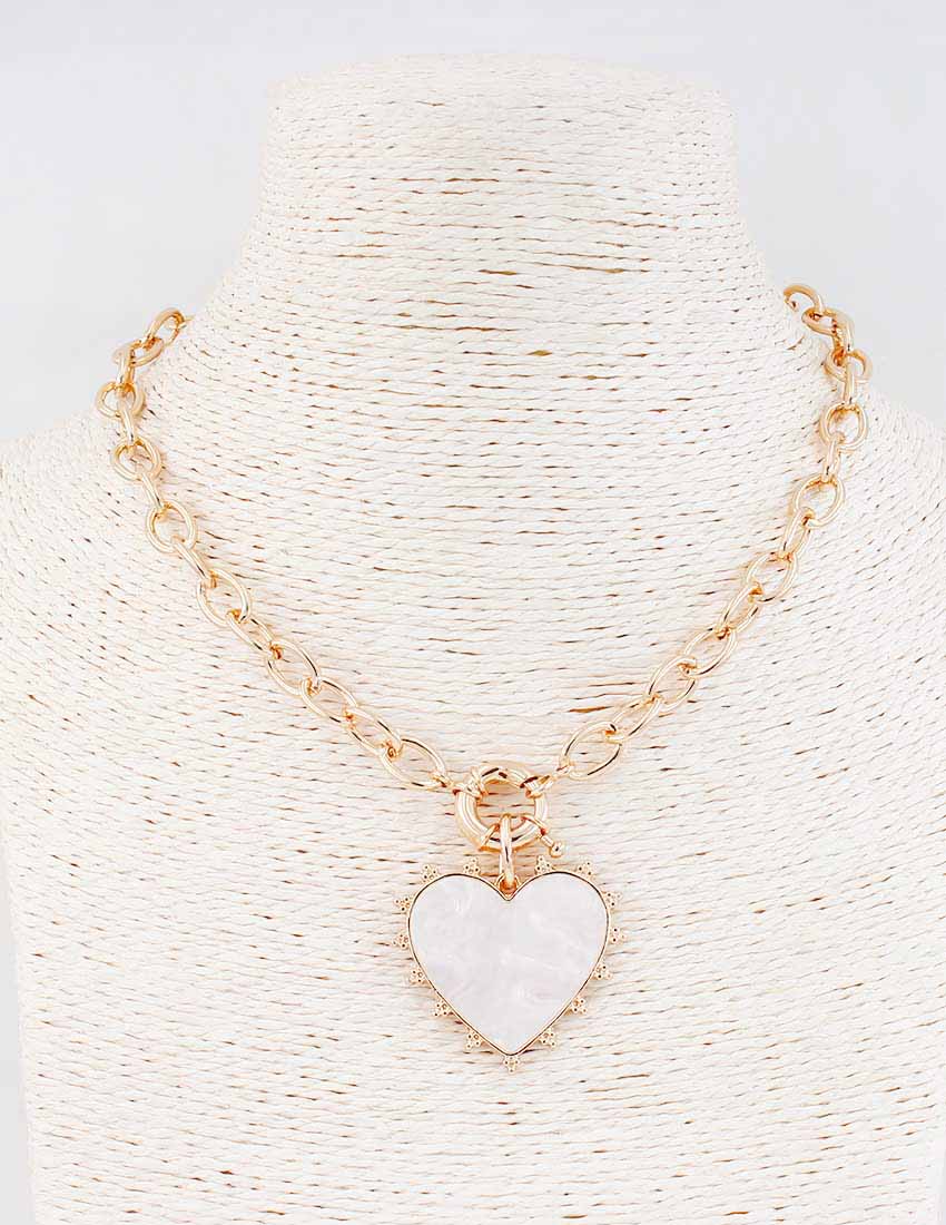 Gold Chain with Studded Pearlized Heart Charm 16"-18" Necklace