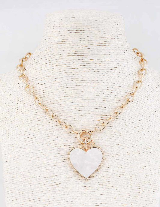 Gold Chain with Studded Pearlized Heart Charm 16"-18" Necklace