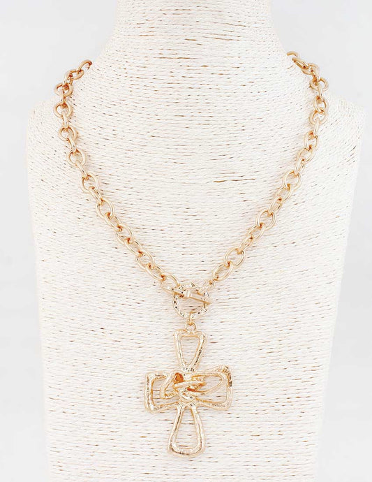 Gold Chain with Toggle and Hammered Cross Charm 16"-18" Necklace