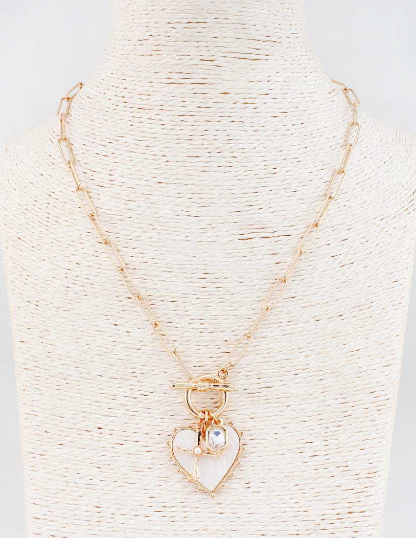 Gold Chain with Toggle and Pearlized Heart Charm