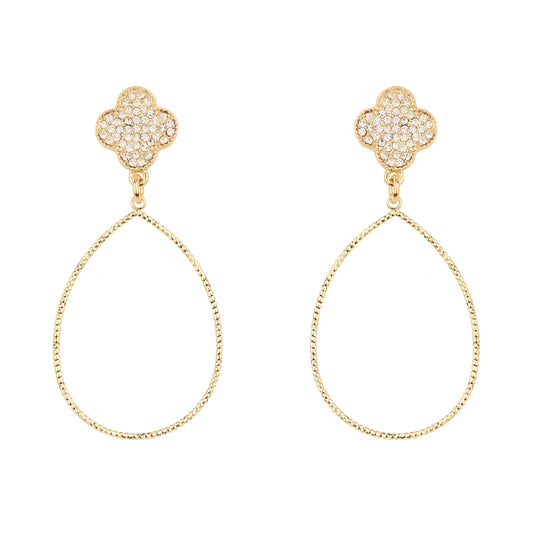 Gold Pave Clover with Teardrop 2" Earring