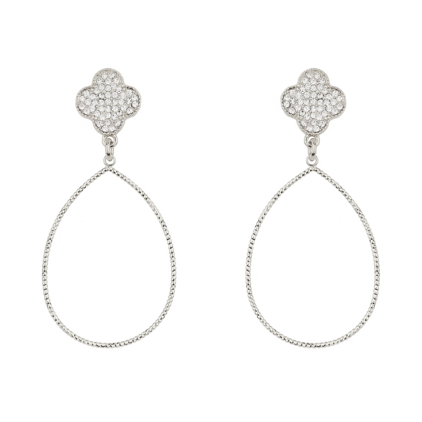 Silver Pave Clover with Teardrop 2" Earring