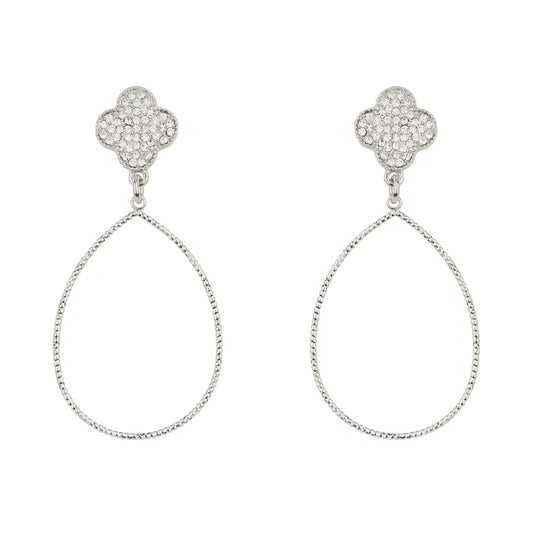 Silver Pave Clover with Teardrop 2" Earring