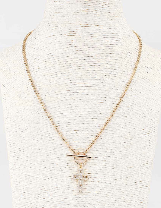 Gold Rope Chain with Rhinestone Cross Charm and Toggle 16"-18" Necklace