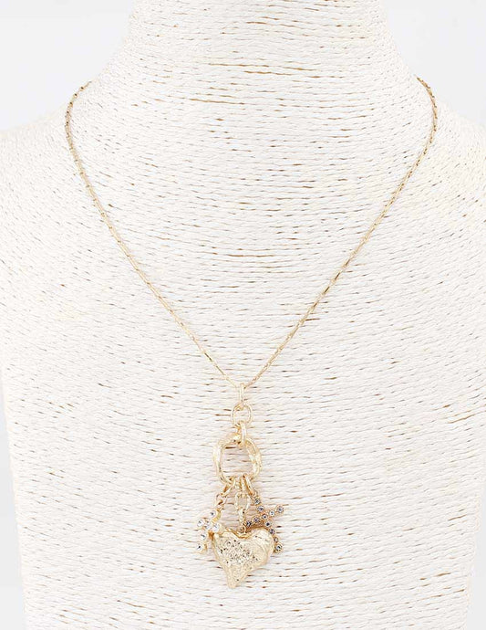 Gold Hammered Heart and Cross Charm 16"-18" Necklace