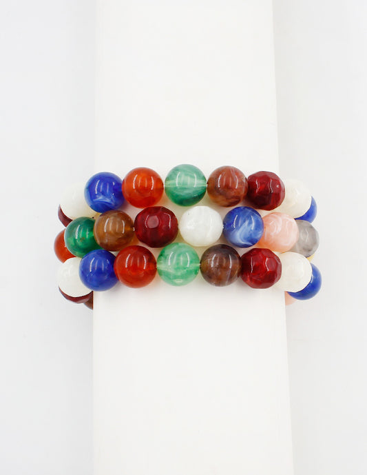 Set of 3 Light Multi Beaded Natural Stone Stretch Bracelets