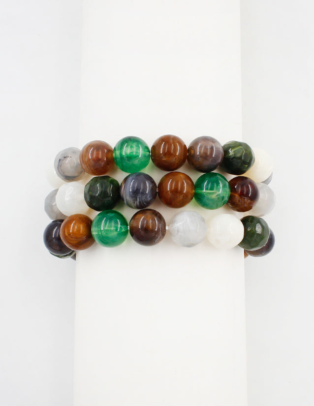 Set of 3 Light Multi Green Beaded Natural Stone Stretch Bracelets