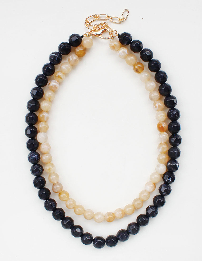 Black and Cream Natural Stone 8mm Beaded  16"-18" Necklace