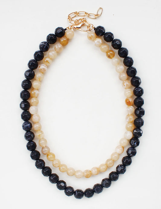 Black and Cream Natural Stone 8mm Beaded  16"-18" Necklace