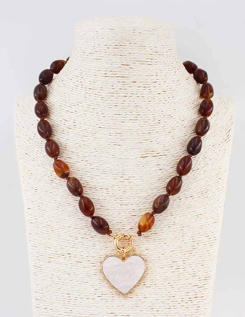 Brown Beaded Natural Stone with Pearlized Heart Charm 16"-18" Necklace