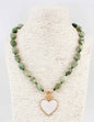 Green Beaded Natural Stone with Pearlized Heart Charm 16"-18" Necklace