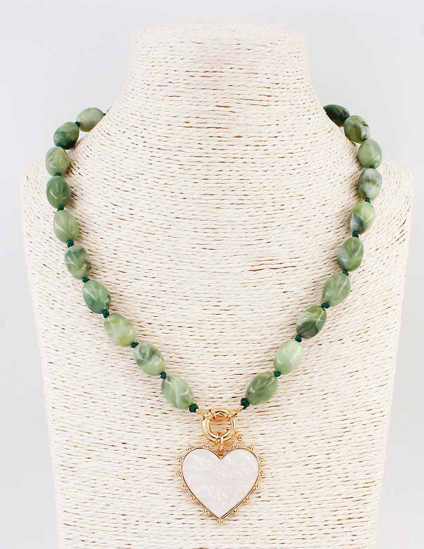 Green Beaded with Pearlized Heart 16"-18" Necklace