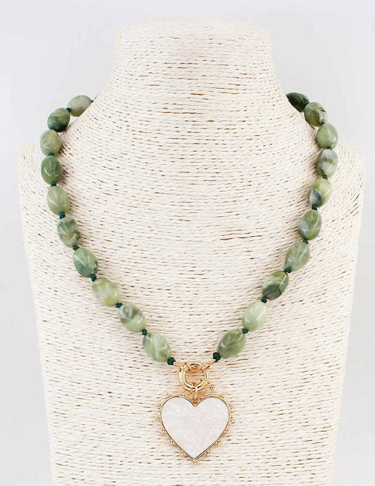 Green Beaded with Pearlized Heart 16"-18" Necklace