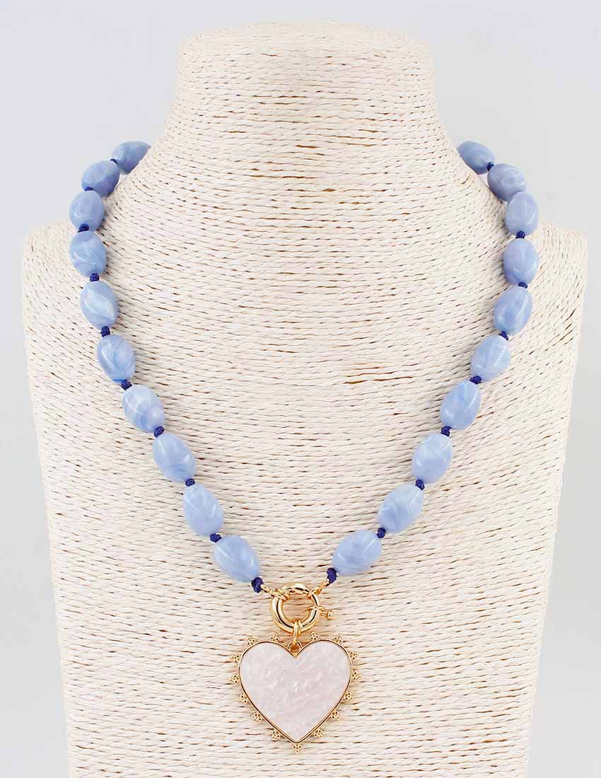 Blue Beaded with Pearlized Heart 16"-18" Necklace
