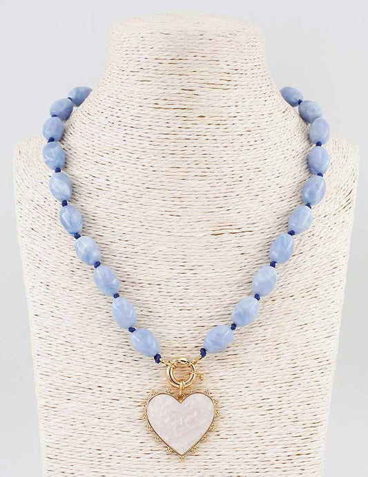 Blue Beaded with Pearlized Heart 16"-18" Necklace
