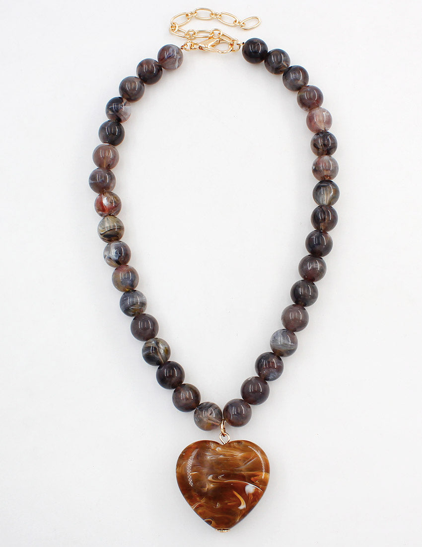 Dark Brown Beaded with Brown Natural Stone Heart 16"-18" Necklace