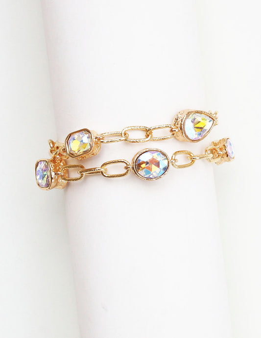 Gold Textured Chain with AB Stone Two Strand Chain Bracelet