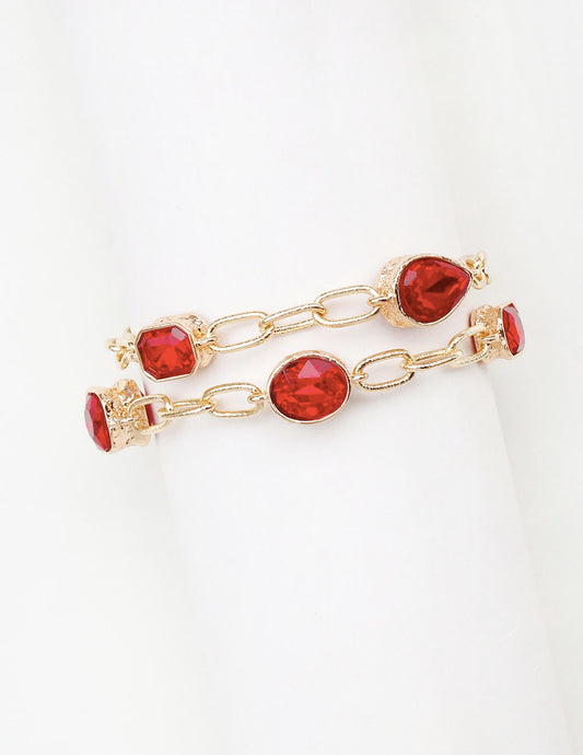 Gold Textured Chain with Red Stone Two Strand Chain Bracelet