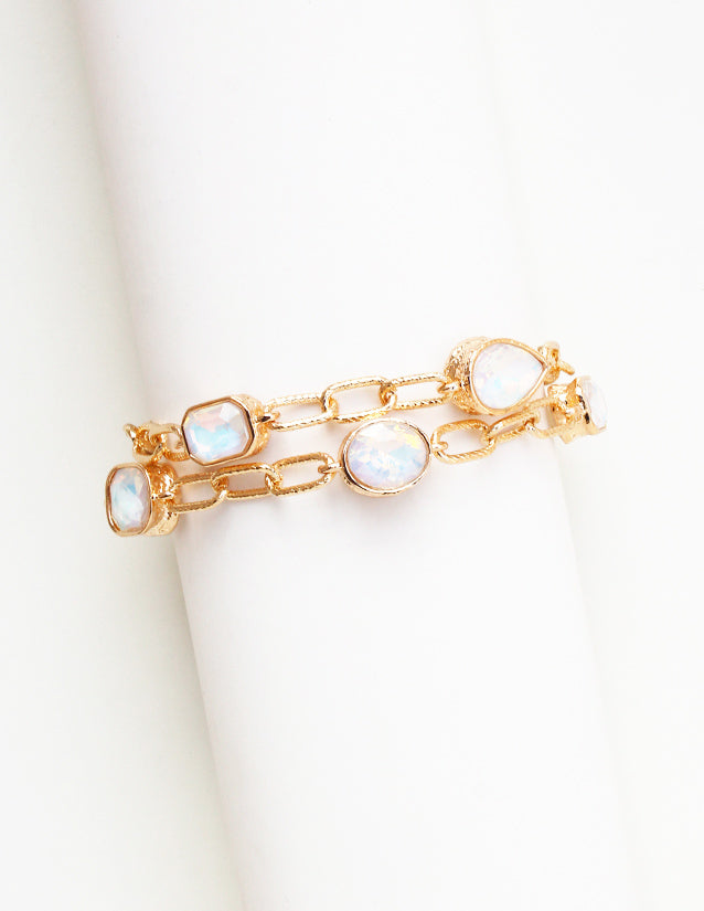 Gold Open Chain with White Opal Diamond Stones Double Layered Bracelet