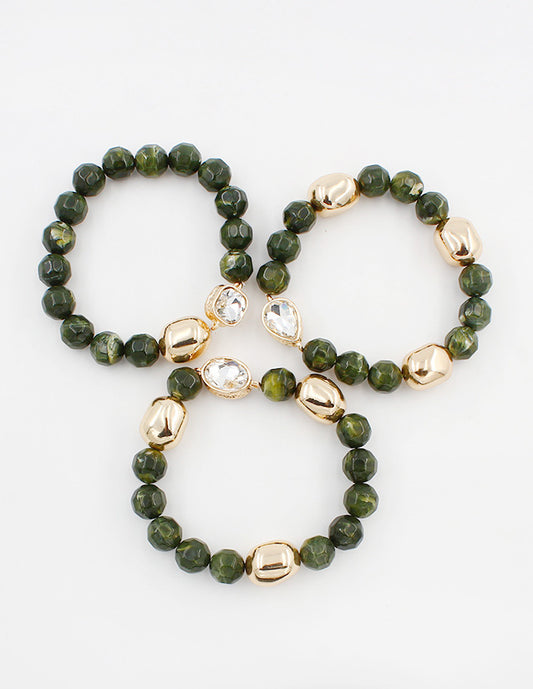 Green, Cream, and Crystal Set of Three Natural Beaded Stretch Bracelets