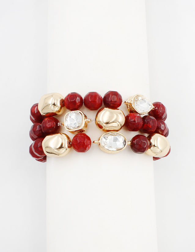 Maroon, Cream, and Crystal Set of Three Natural Beaded Stretch Bracelets