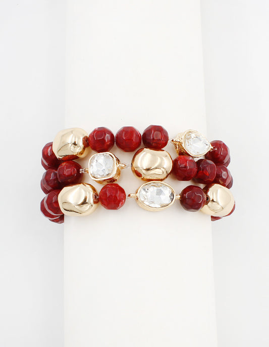 Maroon, Cream, and Crystal Set of Three Natural Beaded Stretch Bracelets
