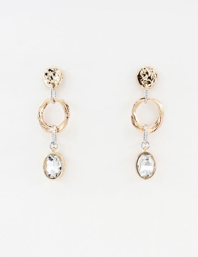 Gold Hammered Coin with Open Silver Circle and Clear Rhinestone 2" Drop Earring