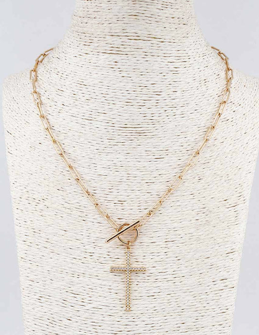 Gold Open Chain with Toggle and  Rhinestone Cross 18" Necklace