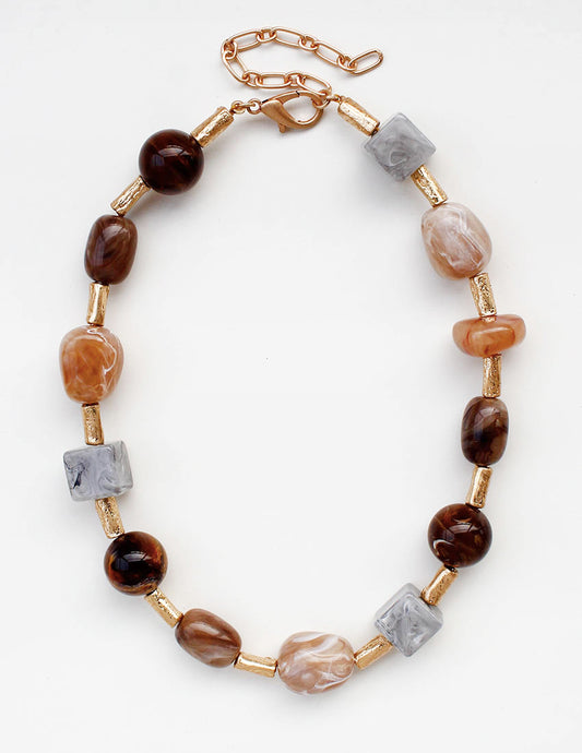 Gold Tube Beaded with Multi Color Natural Stone 18" Necklace