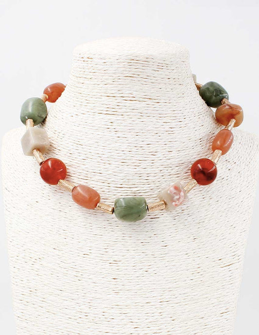Gold Tube Beaded with Multi Color Green, Red, and Natural Stone 18" Necklace