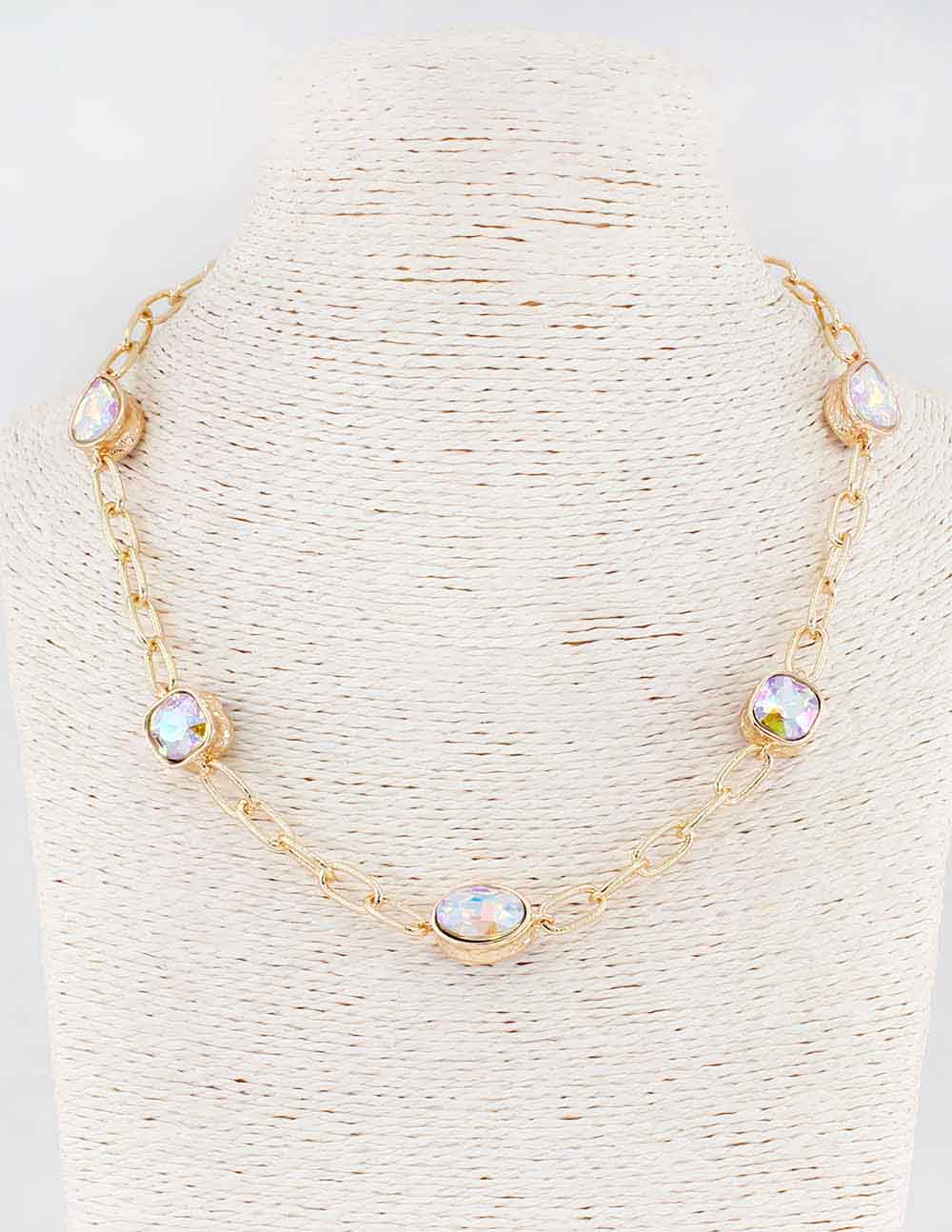 Gold Textured Chain with Teardrop AB Stone Accents 16"-18" Necklace