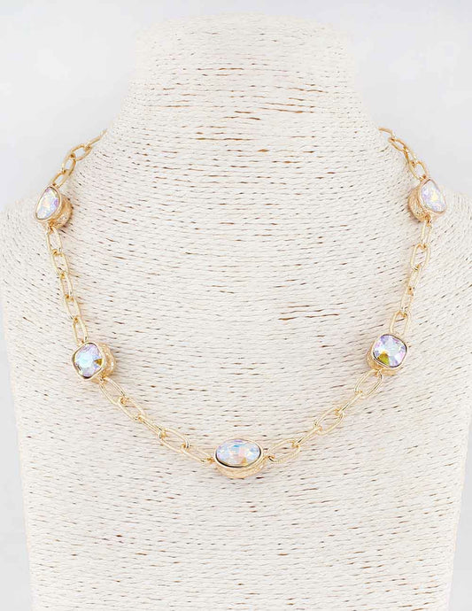 Gold Textured Chain with Teardrop AB Stone Accents 16"-18" Necklace