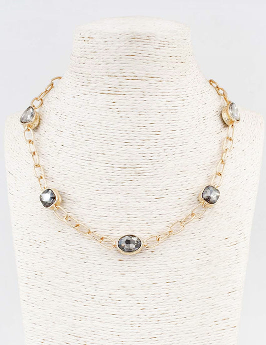 Gold Textured Chain with Teardrop Black Diamond Stone Accents 16"-18" Necklace