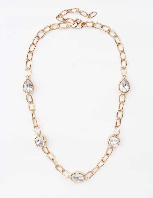 Gold Textured Chain with Teardrop Clear Stone Accents 16"-18" Necklace